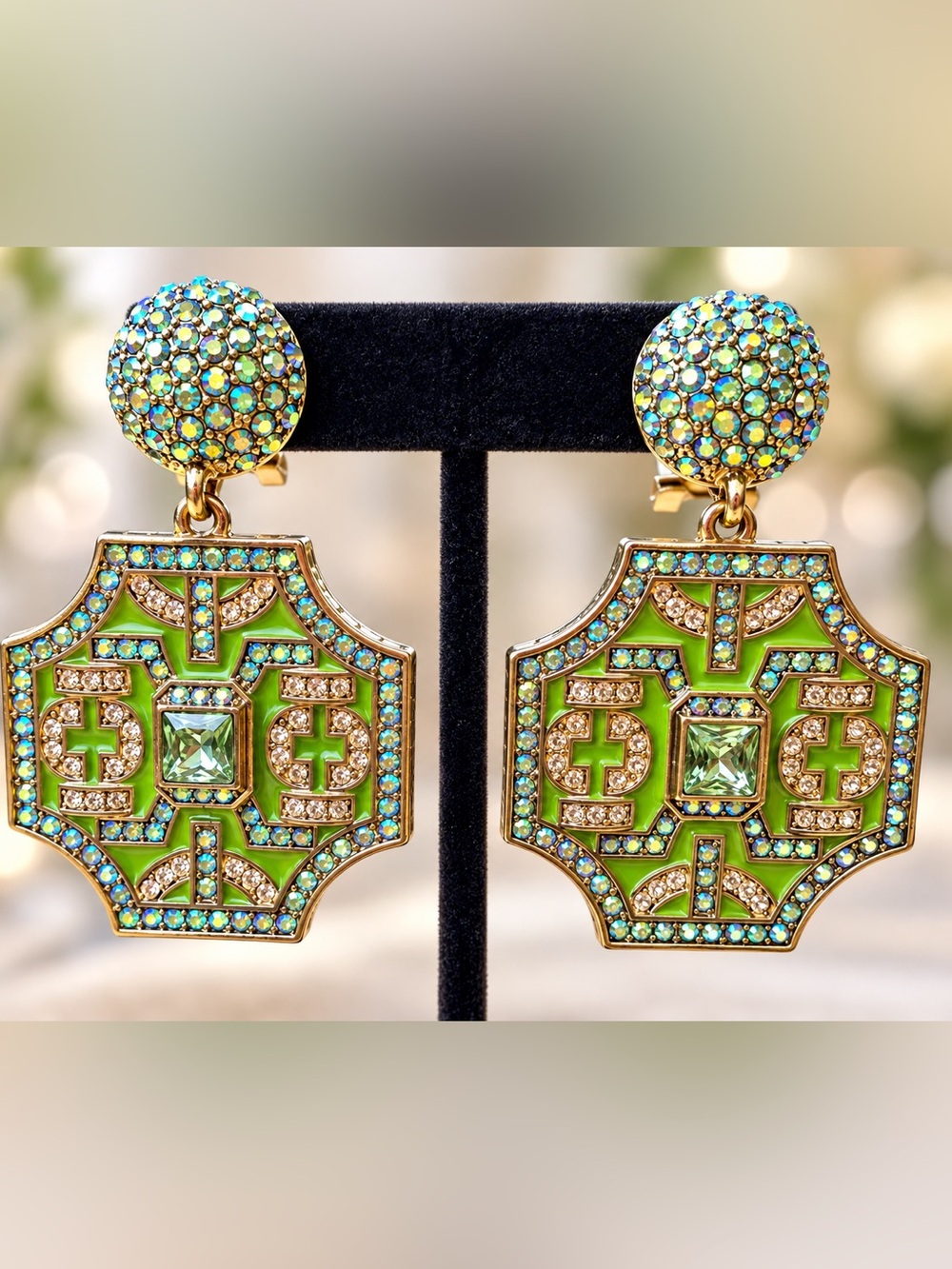 Heidi Daus "Lattice" Crystal and Enamel Drop Earrings.